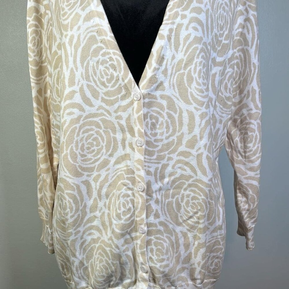GH Bass Cardigan Sweater SZ XL Cream & White, Button Up 3/4 Sleeve Office Cottag
